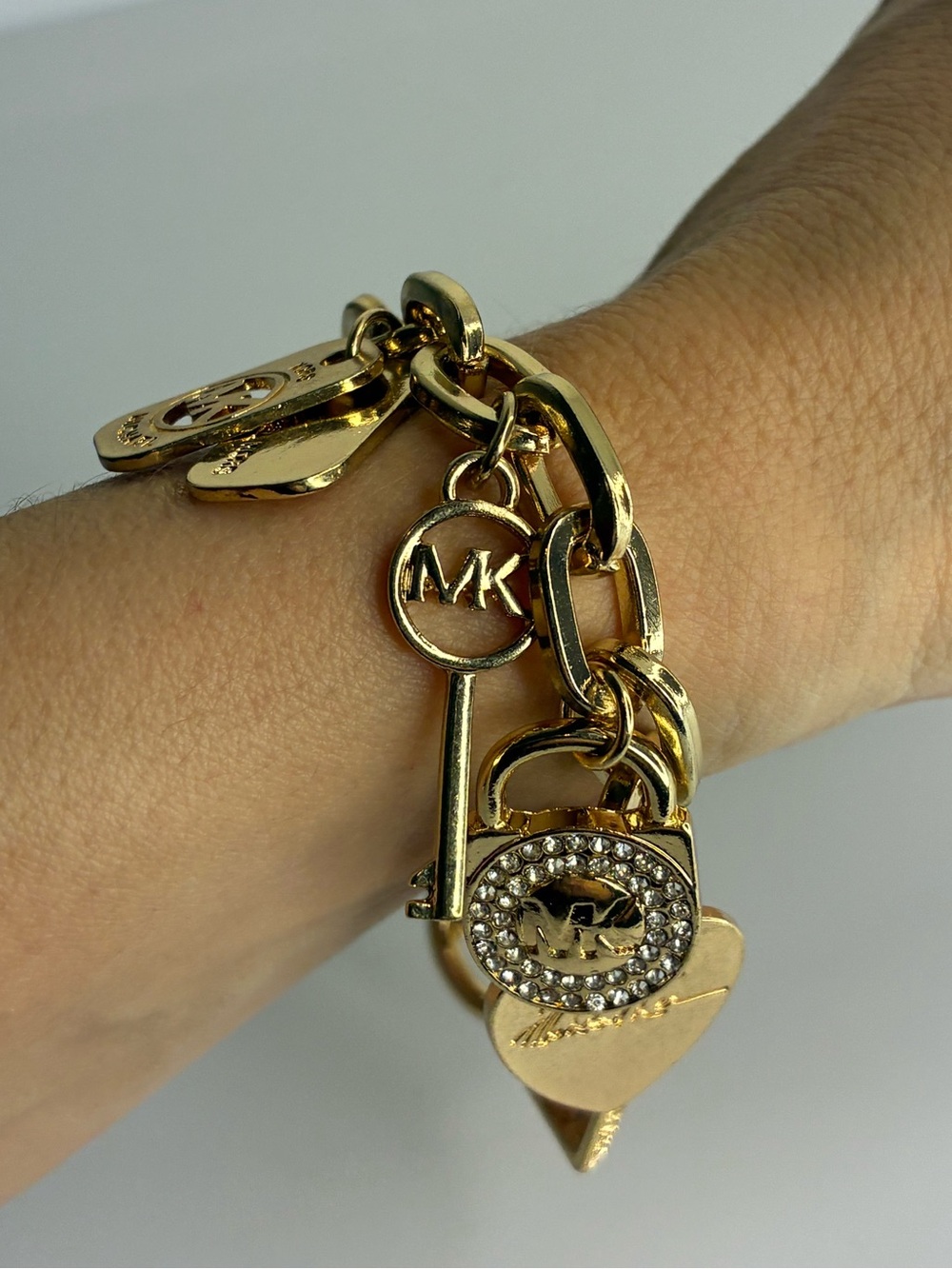 Vintage Gold-Tone Crystal Heart & Key Charm Bracelet